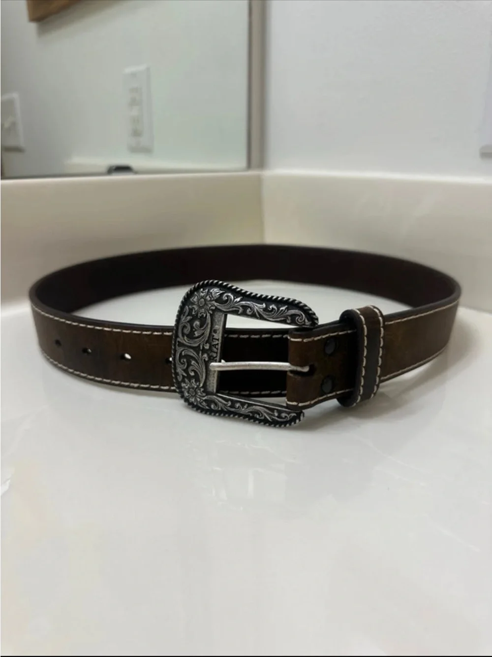 Ariat Brown Leather Belt with Ornate Silver Buckle